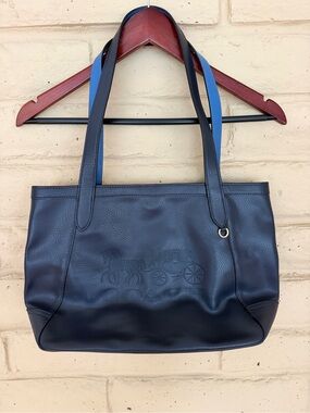 Coach Navy Leather Tote with Blue-Trim Shoulder Straps